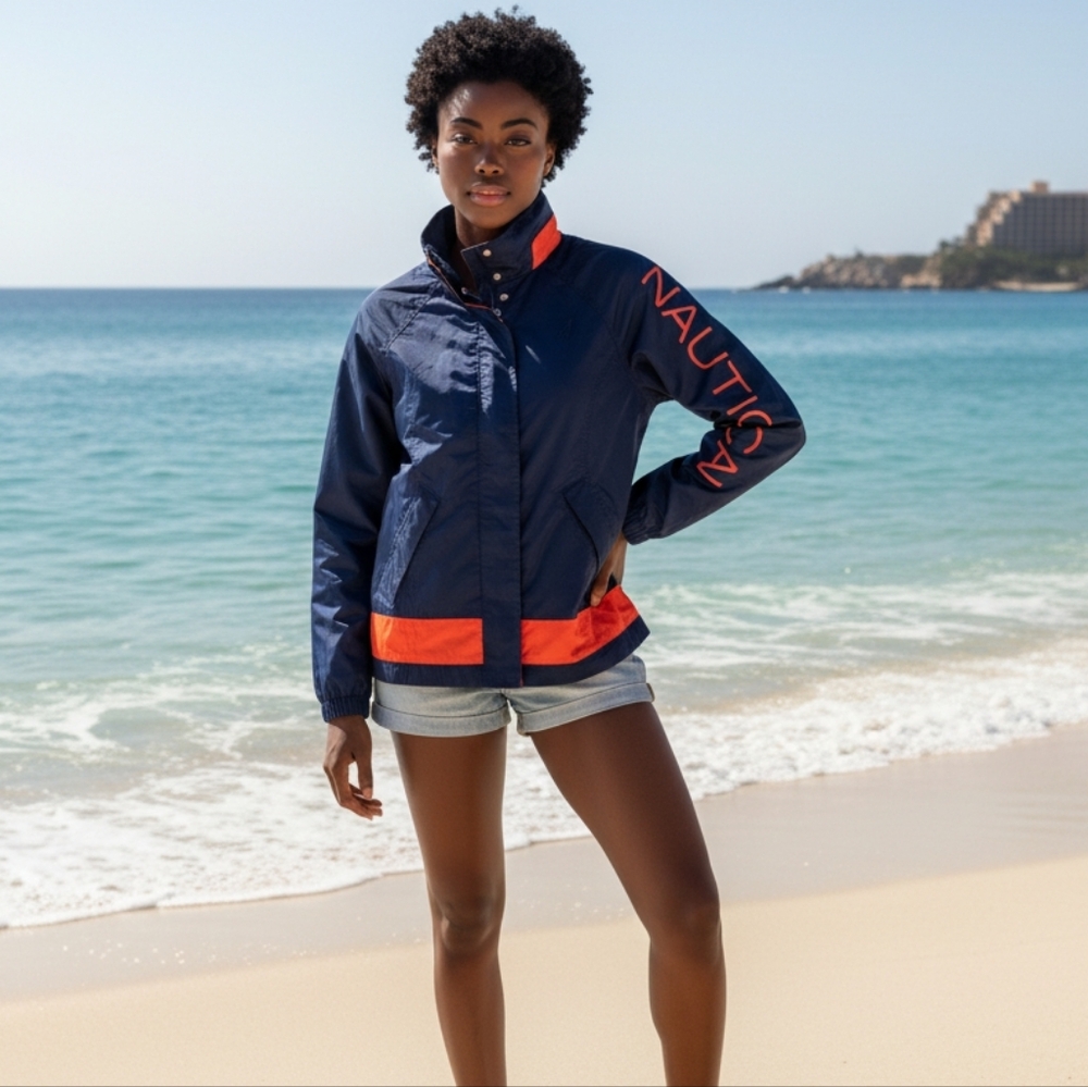 Nautica Vintage Women’s Navy Blue Windbreaker Sailing Jacket Orange Logo Size S
